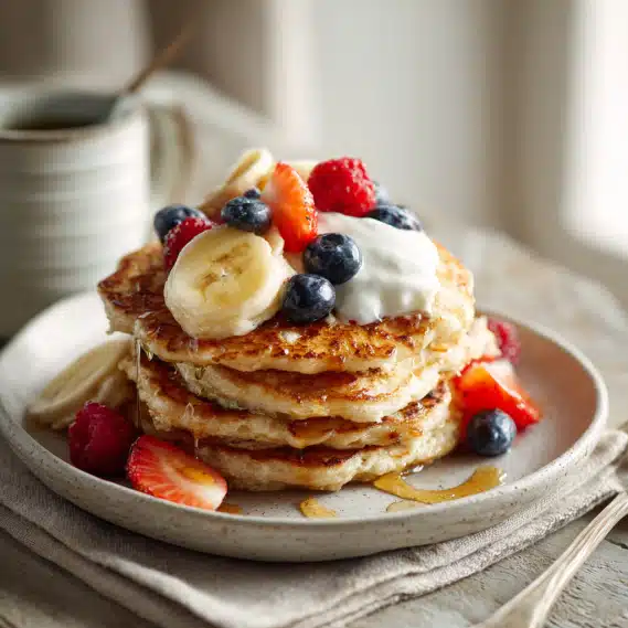 Banana Cottage Cheese Pancakes: Easy, Fluffy & High Protein Recipe 4 Served banana cottage cheese pancakes with fruit and yogurt