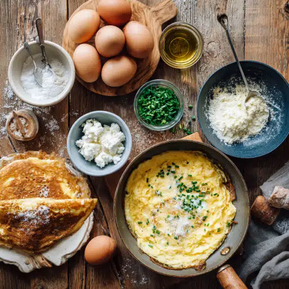 Cottage Cheese Omelette: Easy, Creamy & High Protein Breakfast Recipe 6 Cottage Cheese Omelette ingredients, whisking, cooking, and ready-to-serve omelette in one flat lay