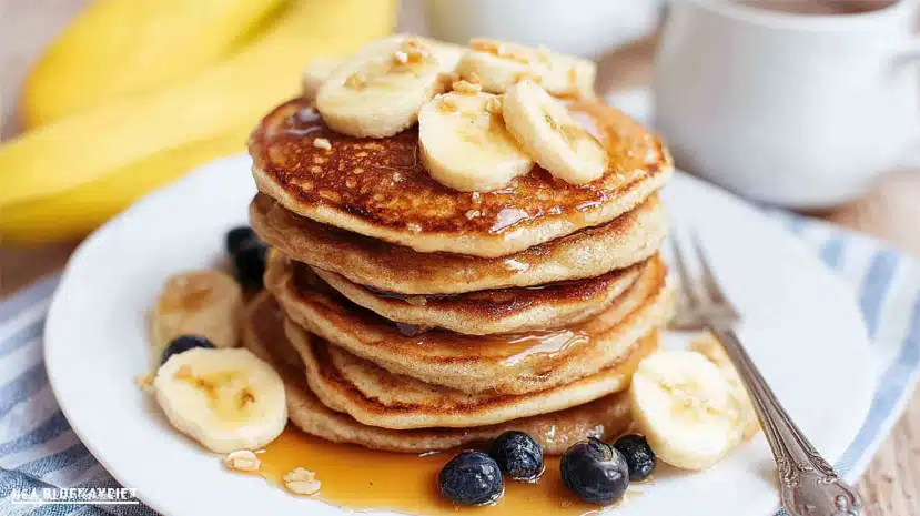 Banana cottage cheese pancakes stacked with banana slices and syrup