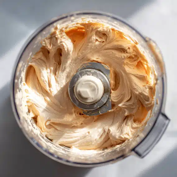 Cottage Cheese Peanut Butter Mousse Recipe (No Powder, High Protein!) 6 Blending cottage cheese peanut butter mousse to creamy consistency