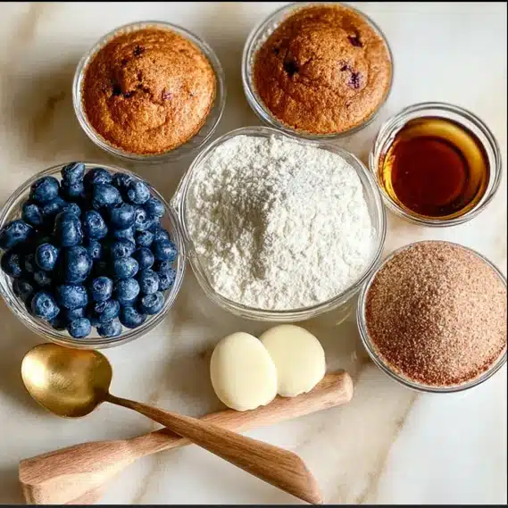 Blueberry Cottage Cheese Muffins – Easy, Moist & High-Protein 7 blueberry cottage cheese muffins ingredients laid out