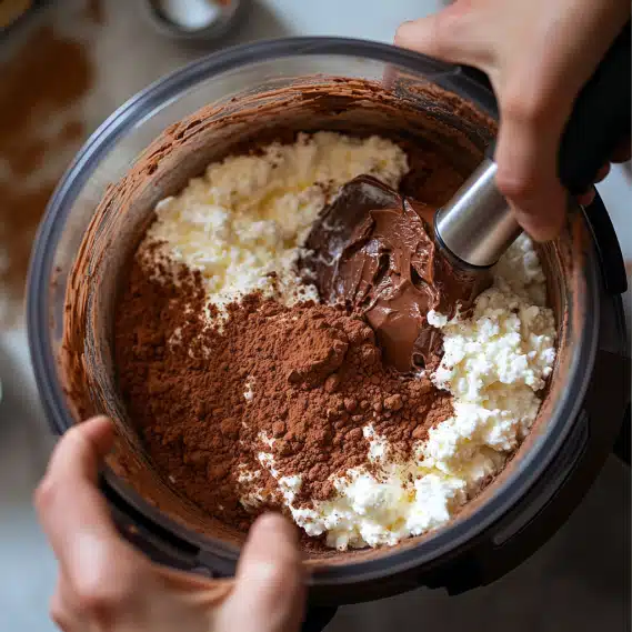 Cottage Cheese Chocolate Mousse – High Protein Dessert 6 Blending cottage cheese, chocolate, and cocoa in a food processor