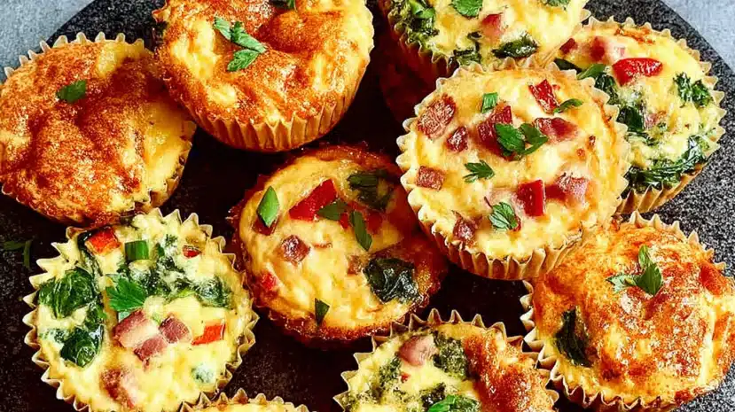 Cottage Cheese Egg Muffins cooling on a rack with cheese and spinach
