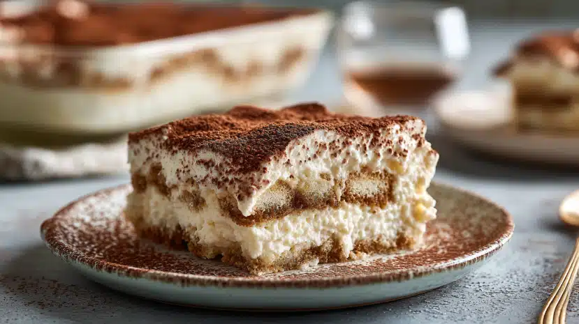 Cottage Cheese Tiramisu slice on rustic plate