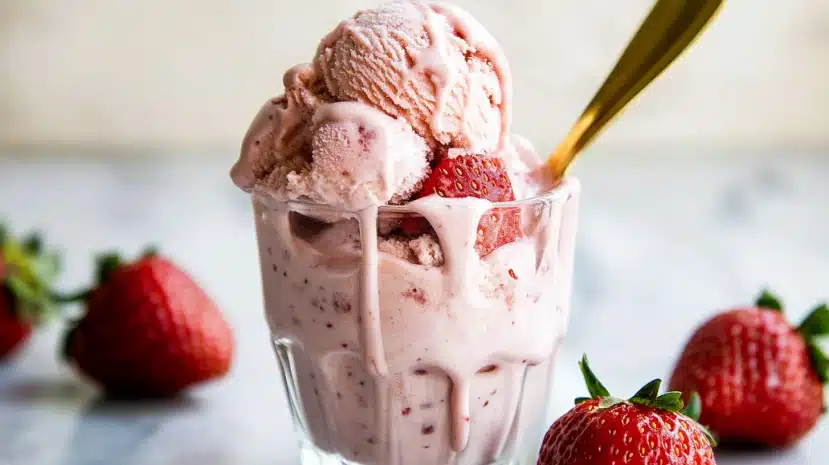 Strawberry cottage cheese ice cream served in a bowl with fresh strawberries