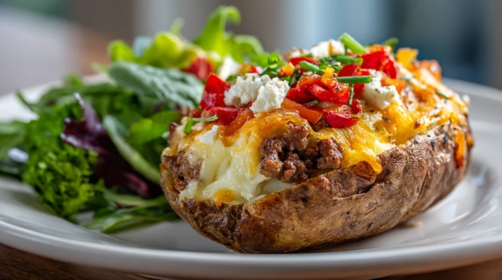 High-protein baked potato and cottage cheese meal on rustic plate