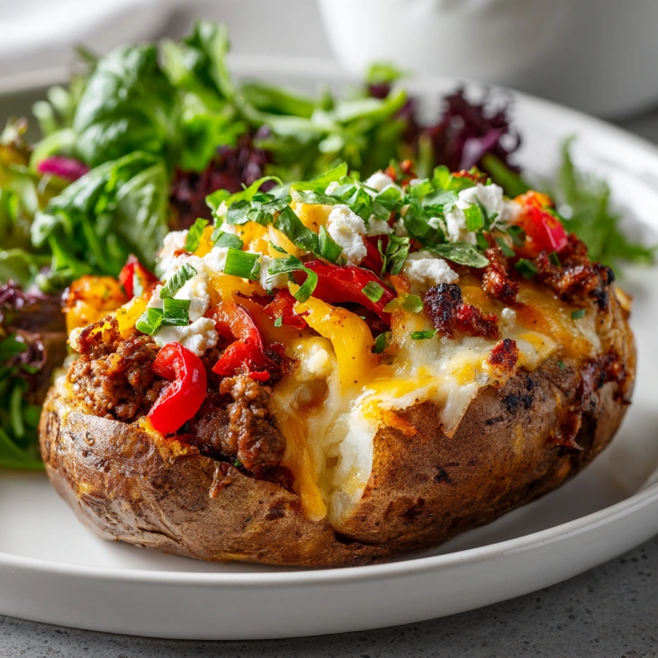 Healthy Baked Potato and Cottage Cheese 5 High-protein baked potato and cottage cheese meal on rustic plate