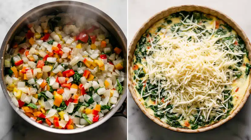 Cottage Cheese and Spinach Crustless Quiche - 5 Star Recipe 6 Collage showing sautéing veggies and quiche mixture ready to bake.