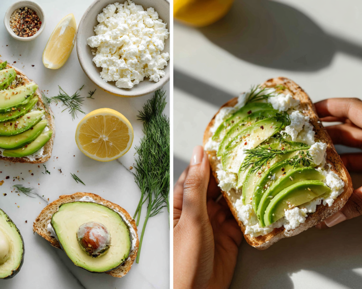 Cottage Cheese Avocado Toast: Quick, Creamy, High-Protein Breakfast 6 Collage of cottage cheese avocado toast ingredients and assembly steps