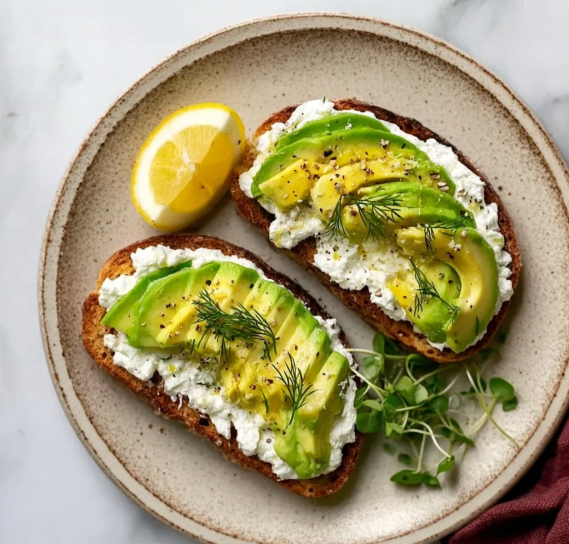 Cottage Cheese Avocado Toast: Quick, Creamy, High-Protein Breakfast 4 Cottage cheese avocado toast served with lemon and microgreens on ceramic plate.