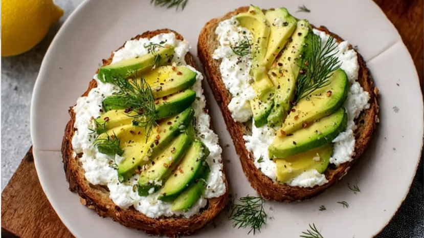 Cottage cheese avocado toast on sourdough with dill and chili flakes