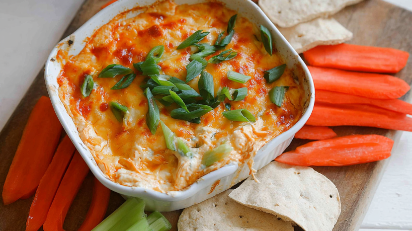 Cottage cheese buffalo chicken dip in cast iron skillet with chips
