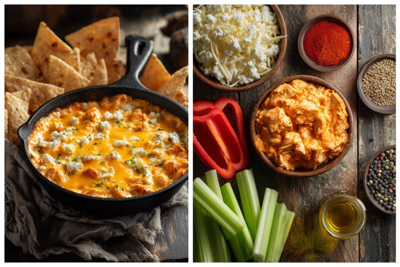 Cottage Cheese Buffalo Chicken Dip (High-Protein, No Cream Cheese!) 6 Collage showing cottage cheese buffalo chicken dip and its fresh ingredients