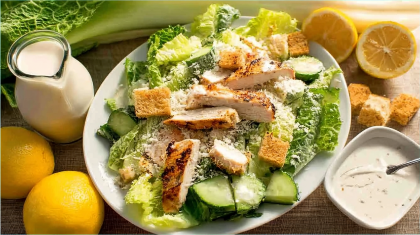 Cottage Cheese Caesar Dressing Salad Recipe (High Protein & Creamy) 4 Cottage cheese Caesar dressing on healthy salad with chicken and croutons