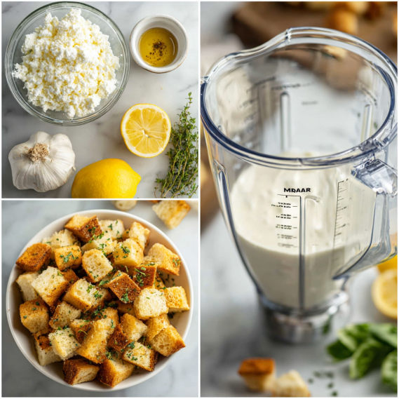 Cottage Cheese Caesar Dressing Salad Recipe (High Protein & Creamy) 6 Steps to make cottage cheese Caesar dressing with croutons and blending