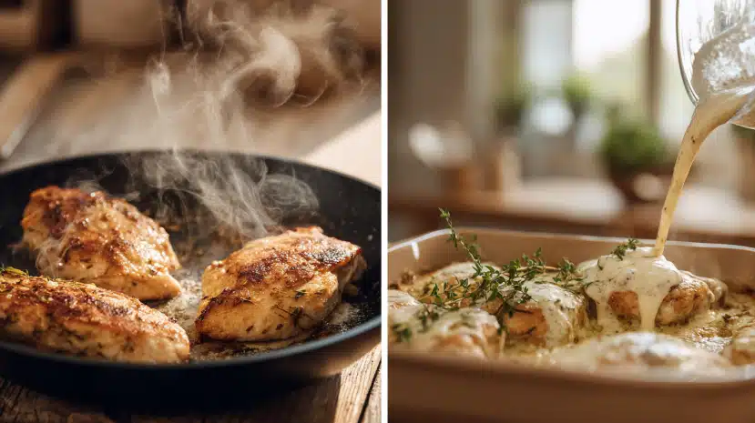Cottage Cheese Chicken Recipes - Easy & High Protein Dinner 6 Searing chicken breasts and pouring cottage cheese sauce for Cottage Cheese Chicken Recipes