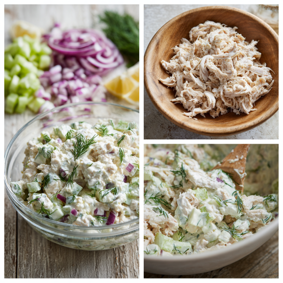 Cottage Cheese Chicken Salad: Creamy, Protein-Packed 6 Cottage cheese chicken salad collage with ingredients, shredded chicken, and mixing steps