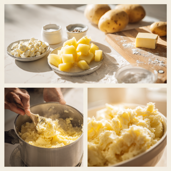Cottage Cheese in Mashed Potatoes: Your New High-Protein Dish 6 Collage of steps to make cottage cheese in mashed potatoes from ingredients to mashing