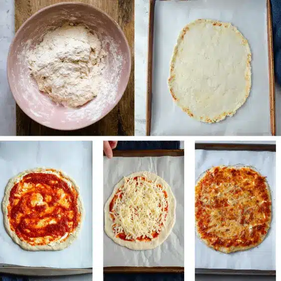 Cottage Cheese Pizza Crust – Easy High-Protein Recipe (20 Min) 6 Mixing and spreading cottage cheese pizza dough for crispy pizza crust