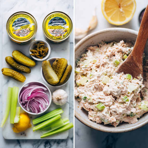 Cottage Cheese Tuna Salad – High Protein & Quick Dinner 4 cottage cheese tuna salad collage showing ingredients and mixing process