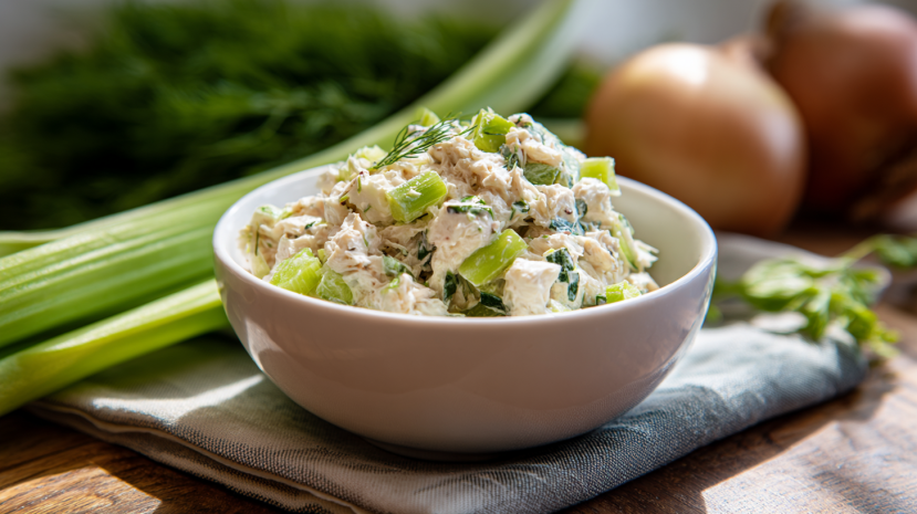 cottage cheese tuna salad served in a white bowl with herbs