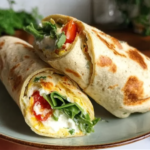 Cottage cheese wrap sliced in half on a white plate with turkey and avocado.