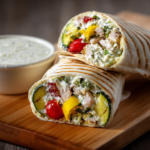 Cottage Cheese Wrap: Easy High-Protein Meal Ready in Minutes 5 Cottage cheese wrap with grilled veggies and turkey on a cutting board.