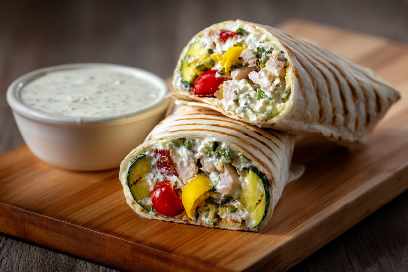 Cottage Cheese Wrap: Easy High-Protein Meal Ready in Minutes 4 Cottage cheese wrap with grilled veggies and turkey on a cutting board.