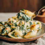 Spinach Cottage Cheese Pasta – Easy 20-Minute Recipe for High Protein Comfort 5 Creamy spinach cottage cheese pasta with melted mozzarella on a fork