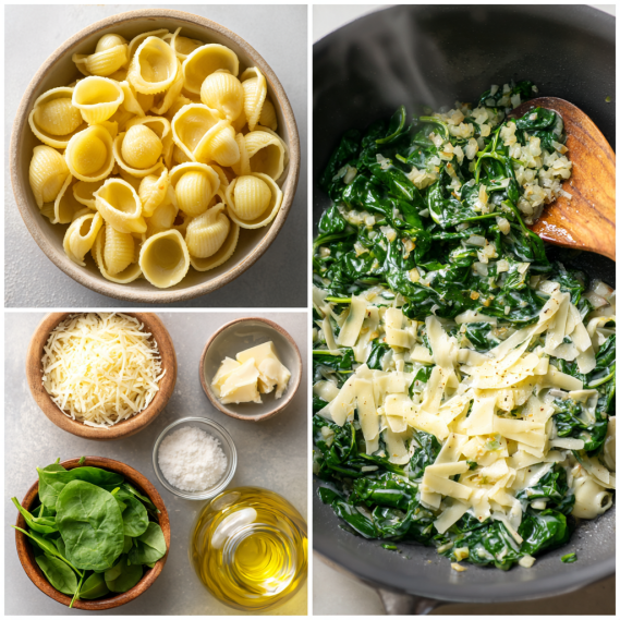 Spinach Cottage Cheese Pasta – Easy 20-Minute Recipe for High Protein Comfort 6 Step-by-step collage showing ingredients, sautéed spinach, and melted cottage cheese for spinach cottage cheese pasta
