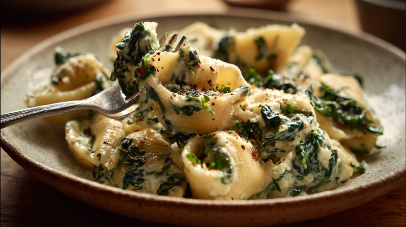 Creamy spinach cottage cheese pasta shells served with garlic and wilted spinach
