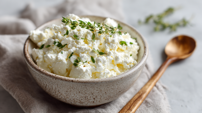 Cottage cheese chicken salad served in a rustic bowl with herbs