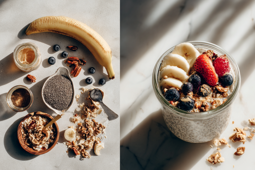 Banana Chia Pudding Recipe (Easy, Vegan & Naturally Sweetened) 6 Two-panel collage showing banana chia pudding ingredients and finished jar with toppings