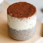 High-protein tiramisu chia pudding in a glass jar