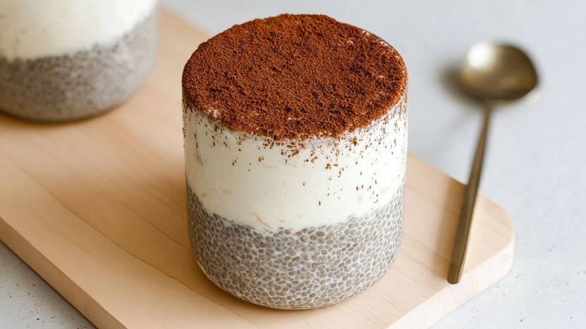 High-protein tiramisu chia pudding in a glass jar